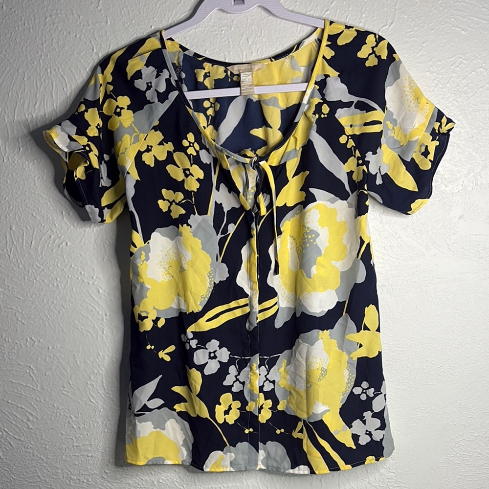 Banana Republic Yellow and Gray Floral Blouse